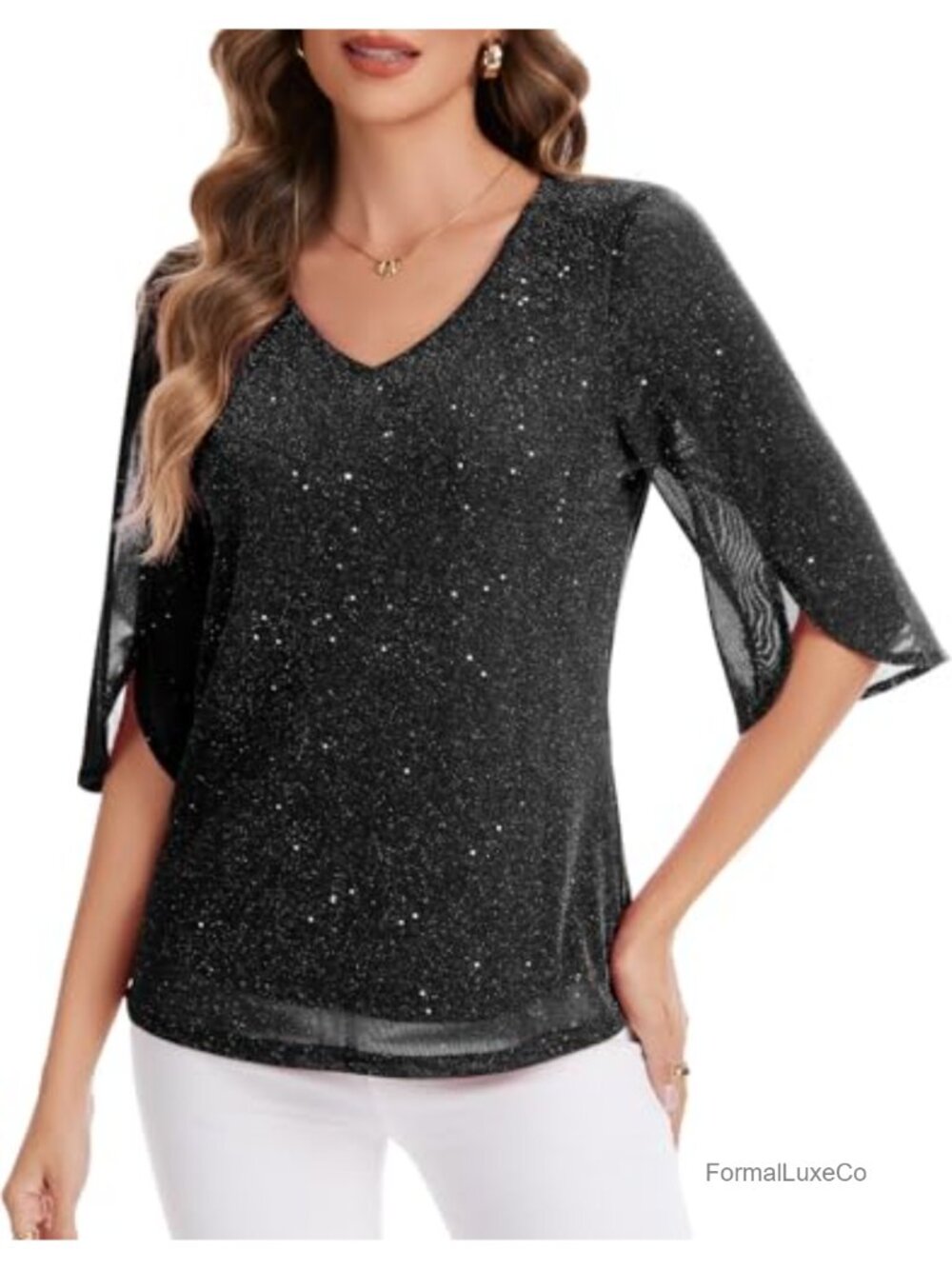 Women's 3/4 Sleeve Glitter Blouse Dressy Sparkly Double Layer Mesh V-Neck Top